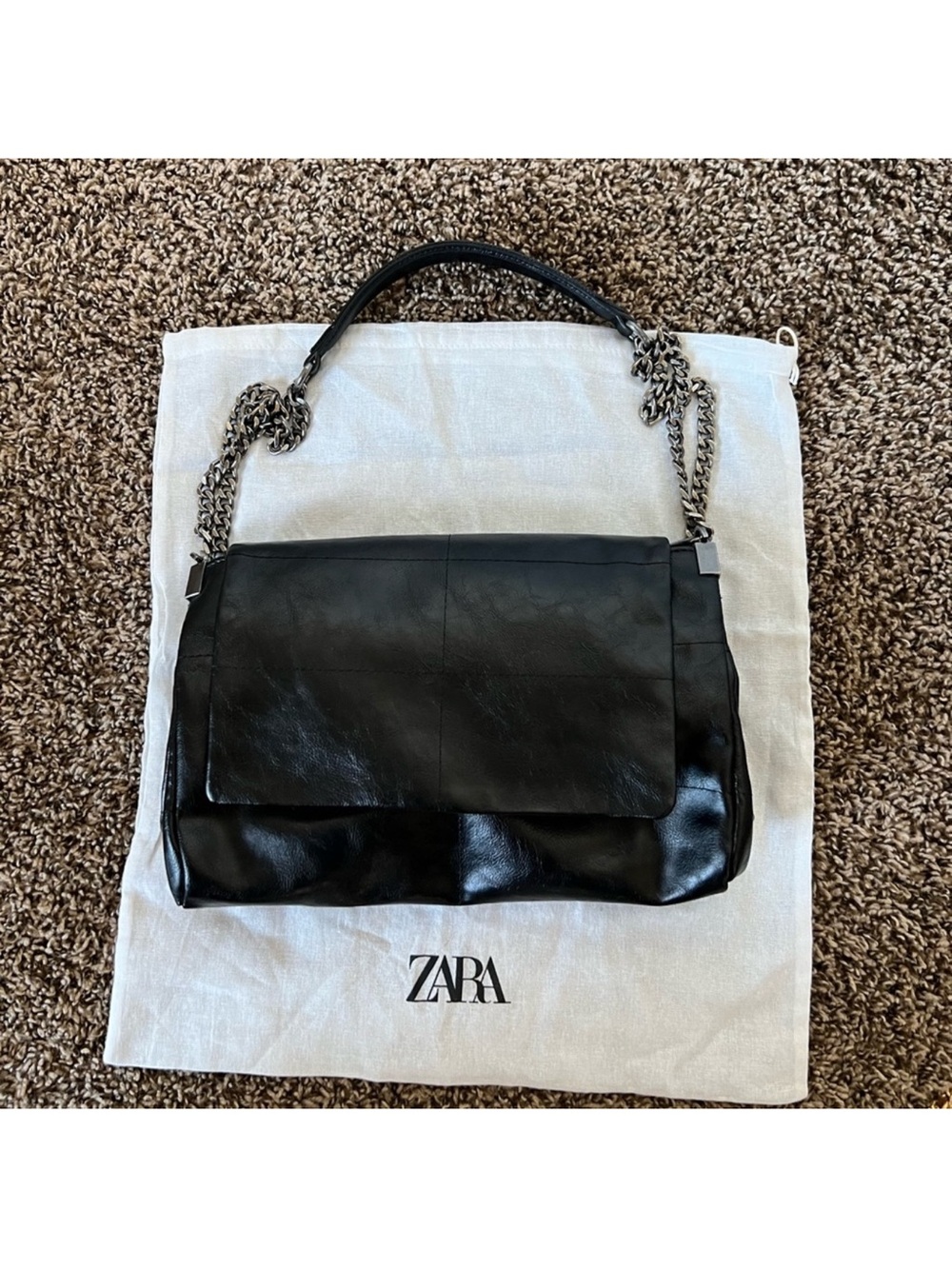 ZARA Viral Black Rockstar Leather Shoulder Bag with Chain Strap